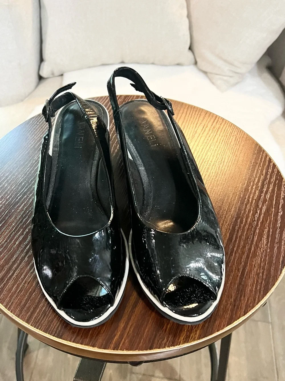Vaneli Black Patent Peep-Toe Wedge Slingbacks. Size 10